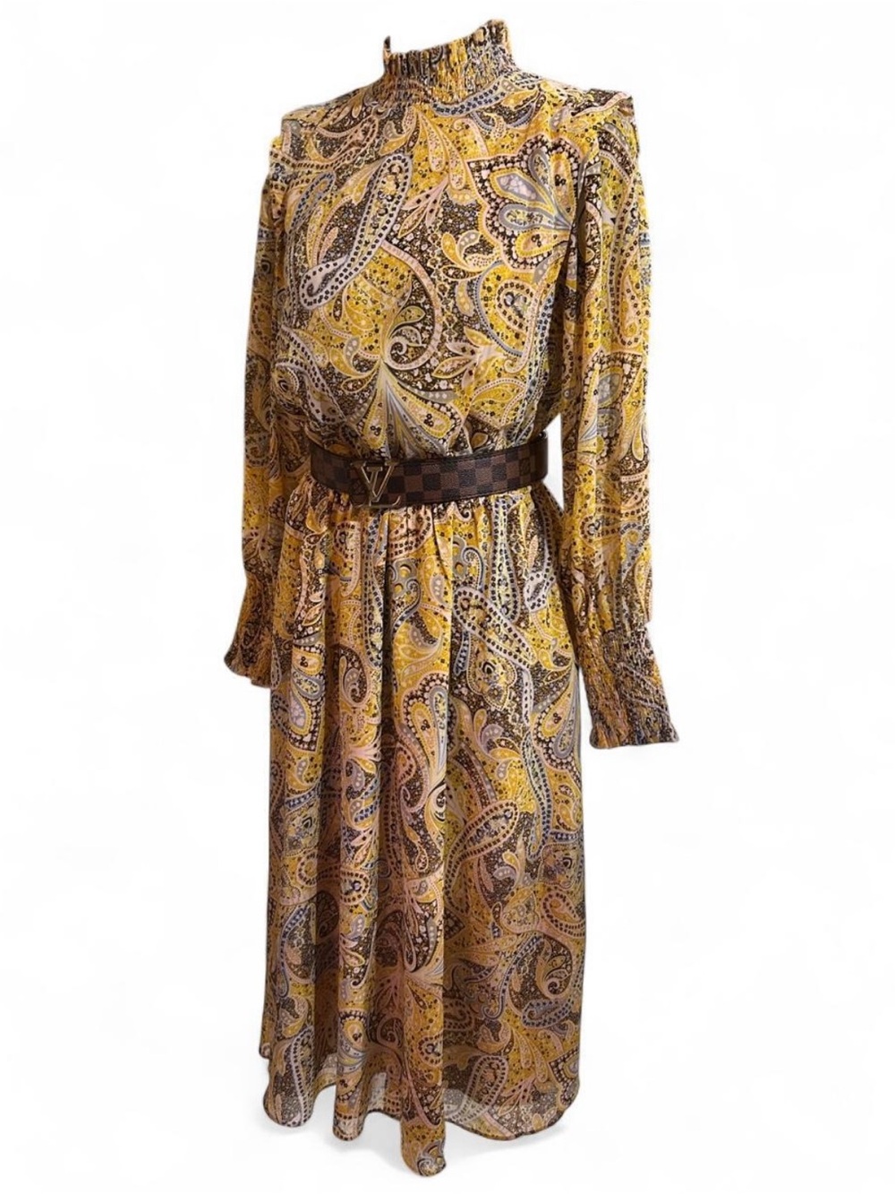 Ann Taylor Yellow Paisley High-Neck Midi Dress with Long Sleeves